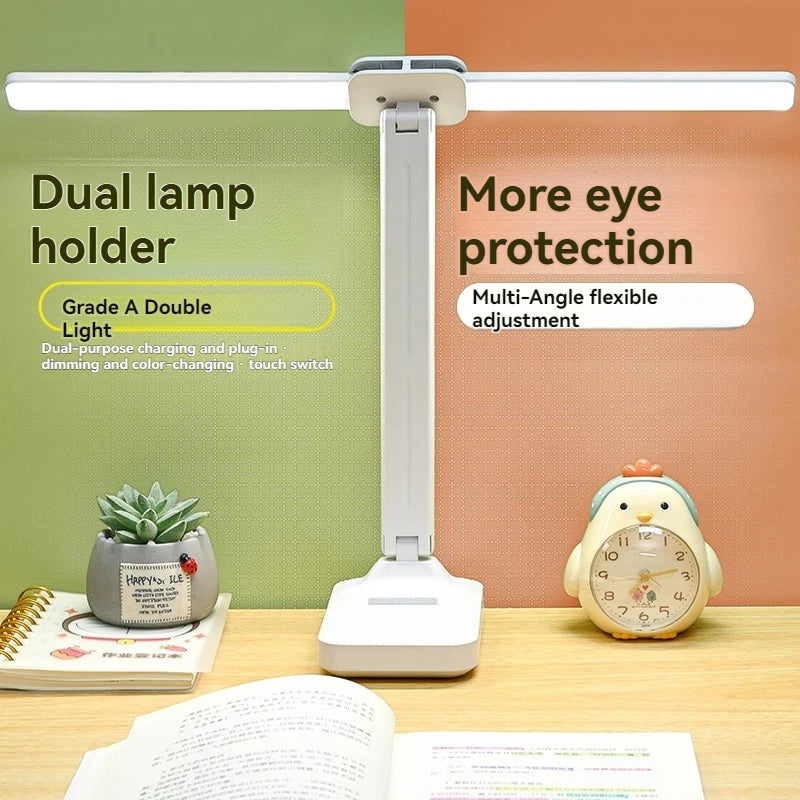 Dual Head LED Desk Lamp, Foldable Dimmable Reading Light with USB Rechargeable Battery, Night Light for Bedroom, Dorm, Study