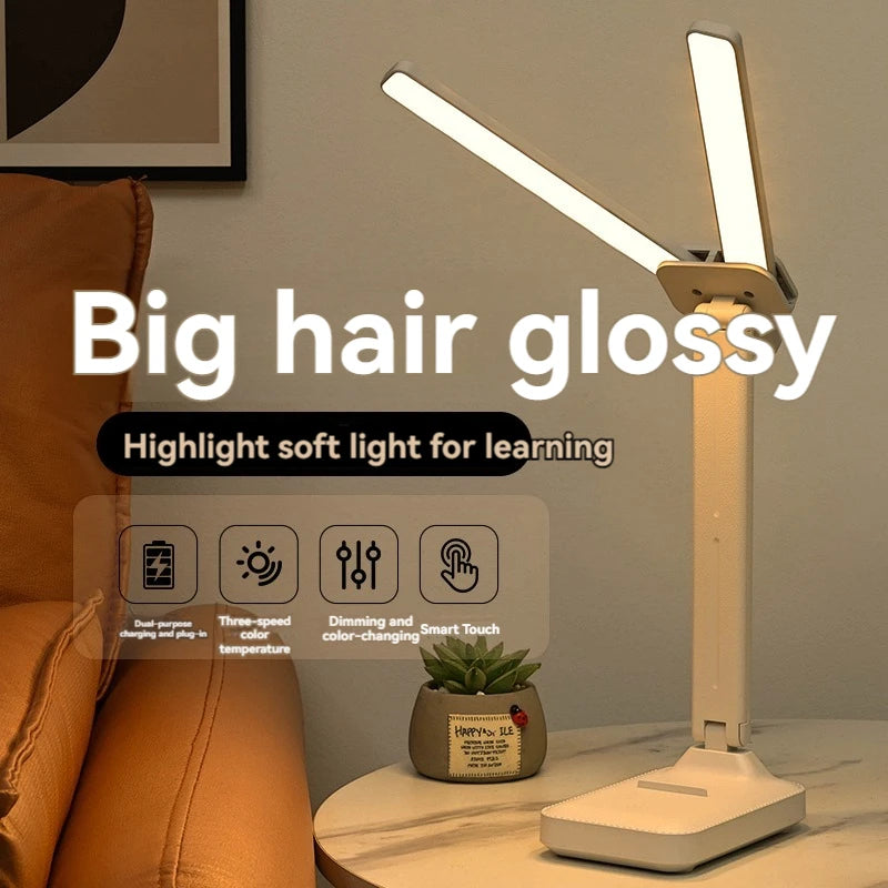 Dual Head LED Desk Lamp, Foldable Dimmable Reading Light with USB Rechargeable Battery, Night Light for Bedroom, Dorm, Study